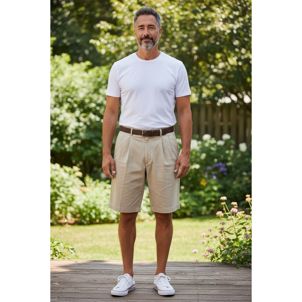 Tommy Bahama Mens 36 Pleated Silk Cotton Herringbone Shorts Khaki Tan Beige